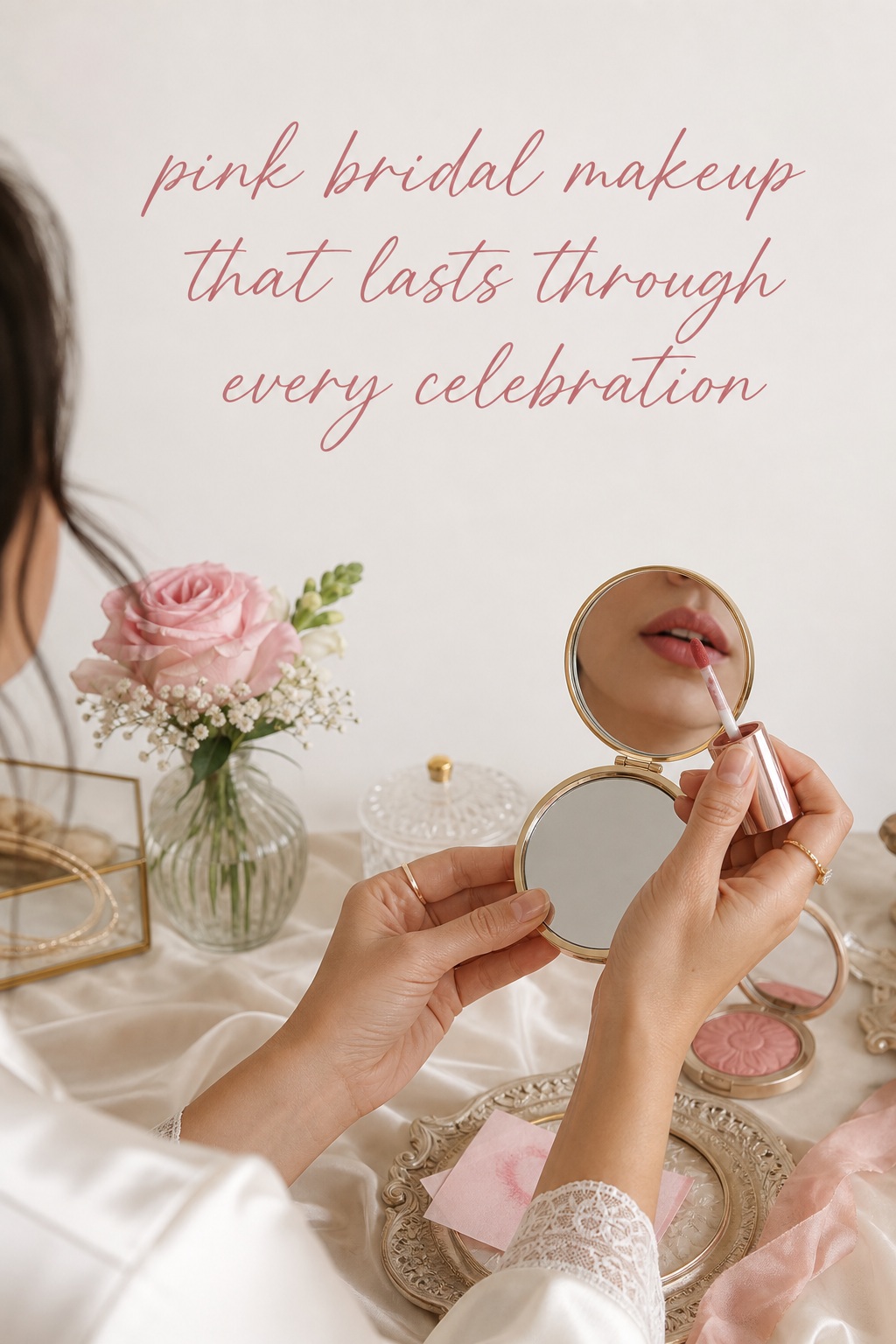 pink bridal makeup touch up with rose lip stain and a wedding beauty kit