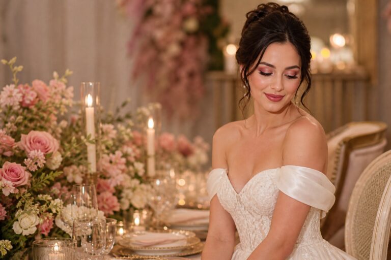bride wearing pink bridal makeup at a romantic candlelit wedding reception
