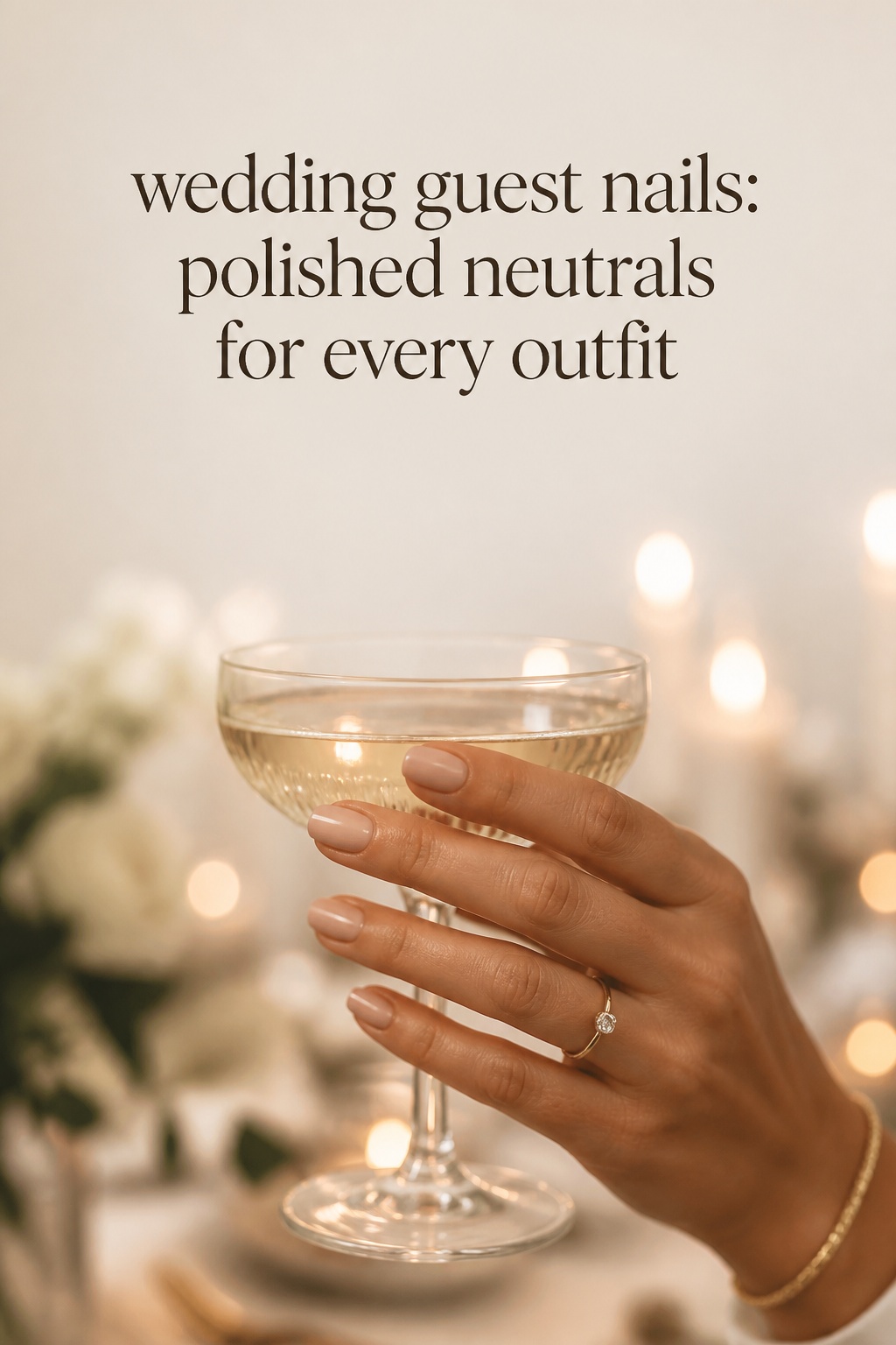 Wedding guest nails in sheer nude blush while holding a champagne coupe