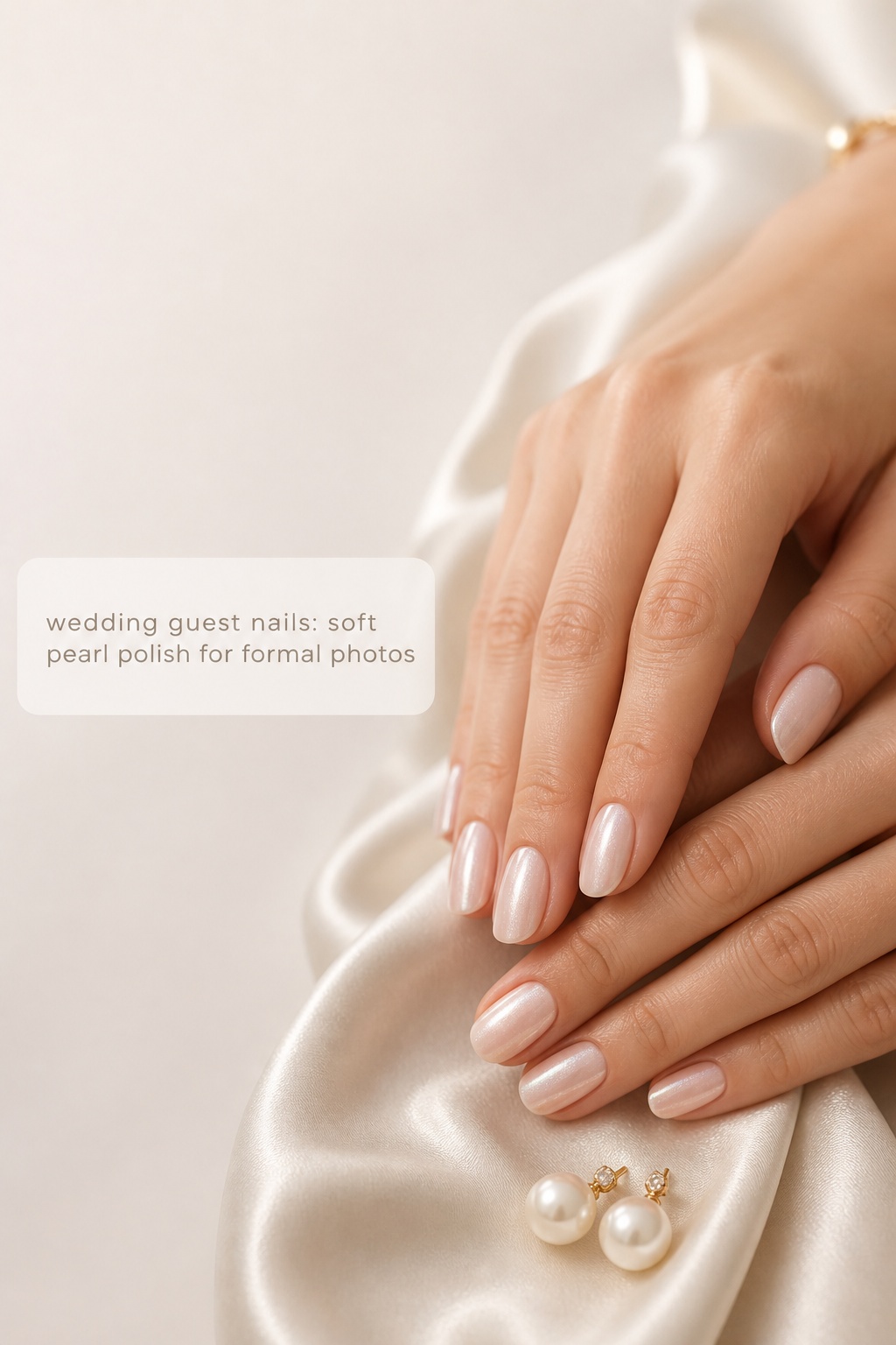 Wedding guest nails with soft pearl polish beside silk and pearl earrings
