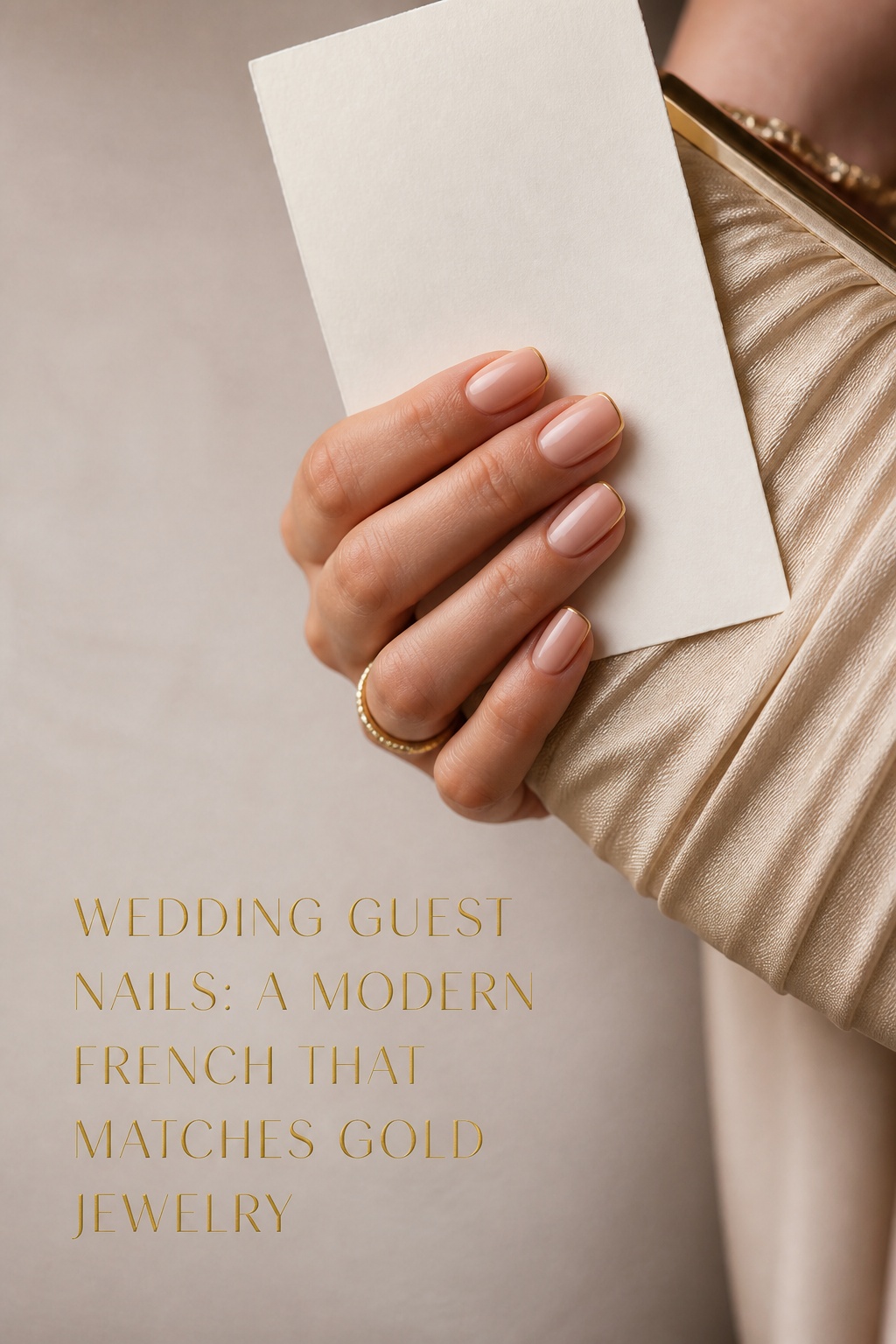 Wedding guest nails with sheer blush base and thin gold French tips