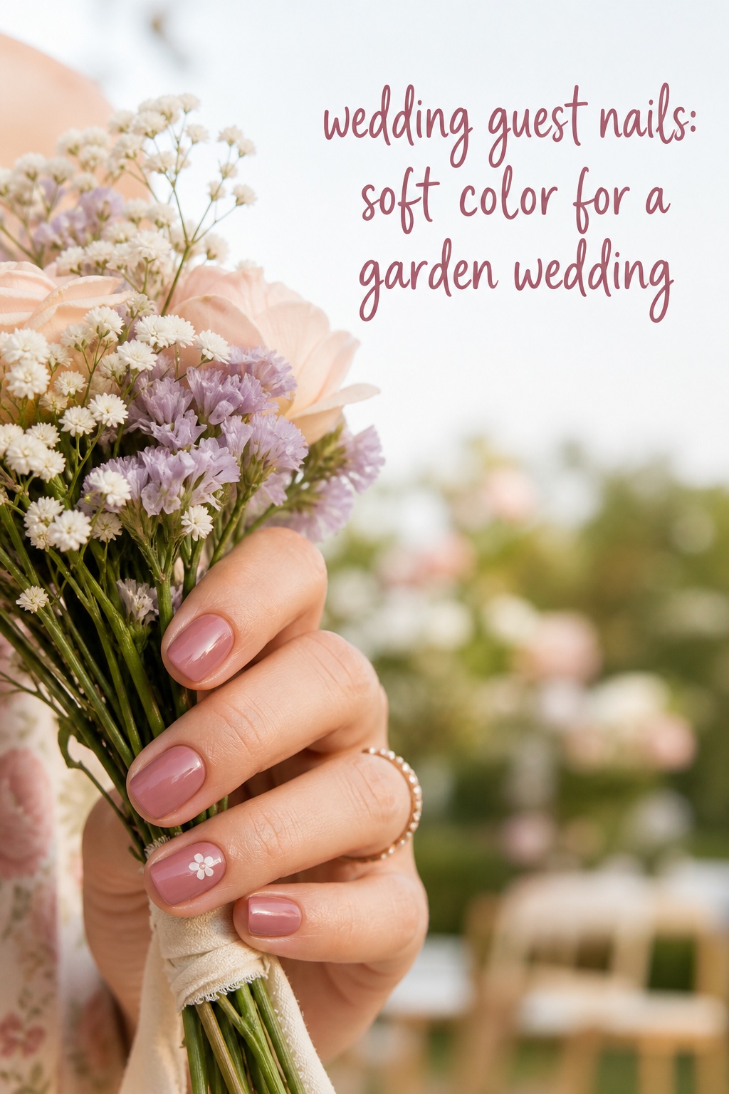 Wedding guest nails in dusty rose with a tiny flower accent at a garden wedding