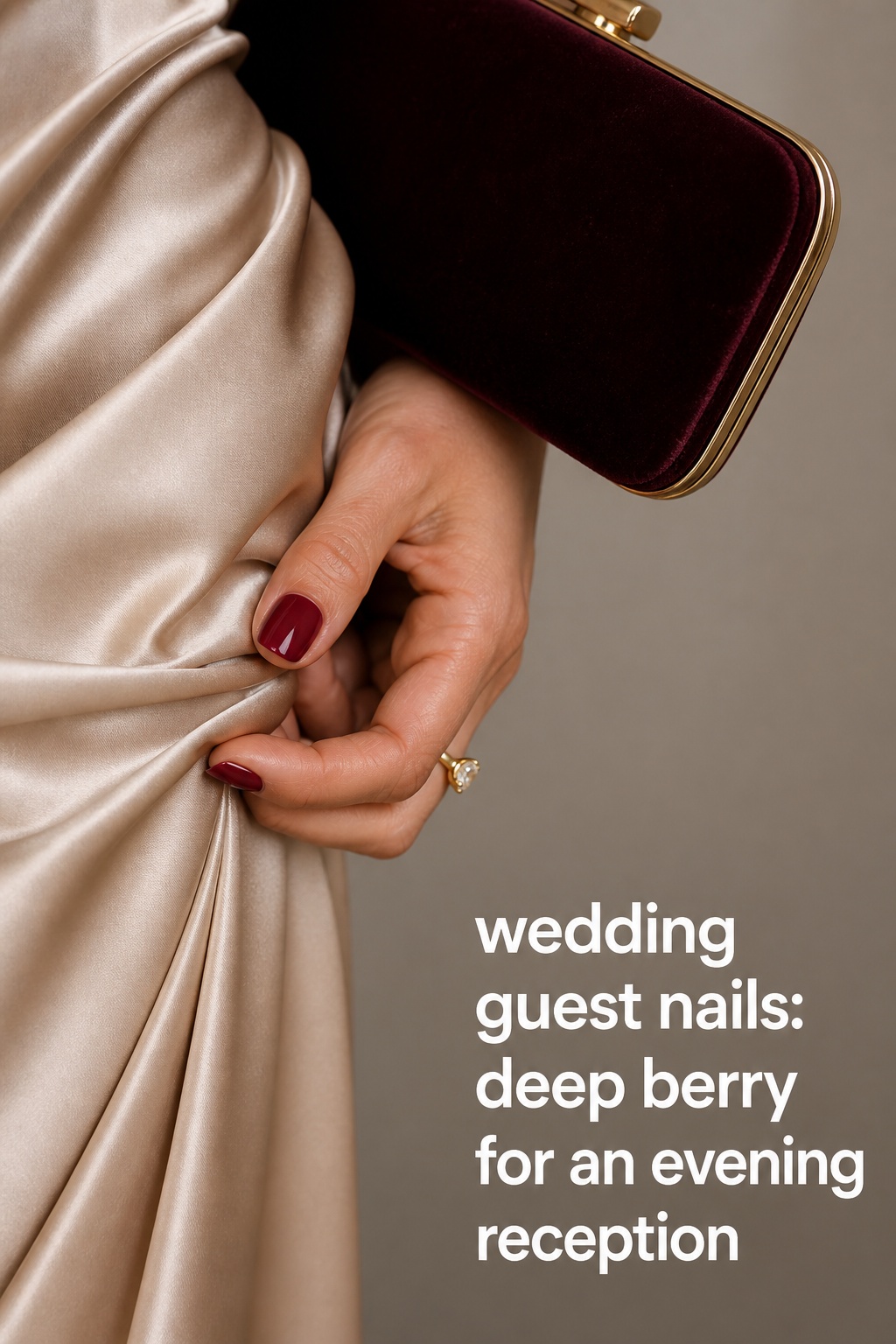 Wedding guest nails in deep berry beside satin and a velvet evening clutch