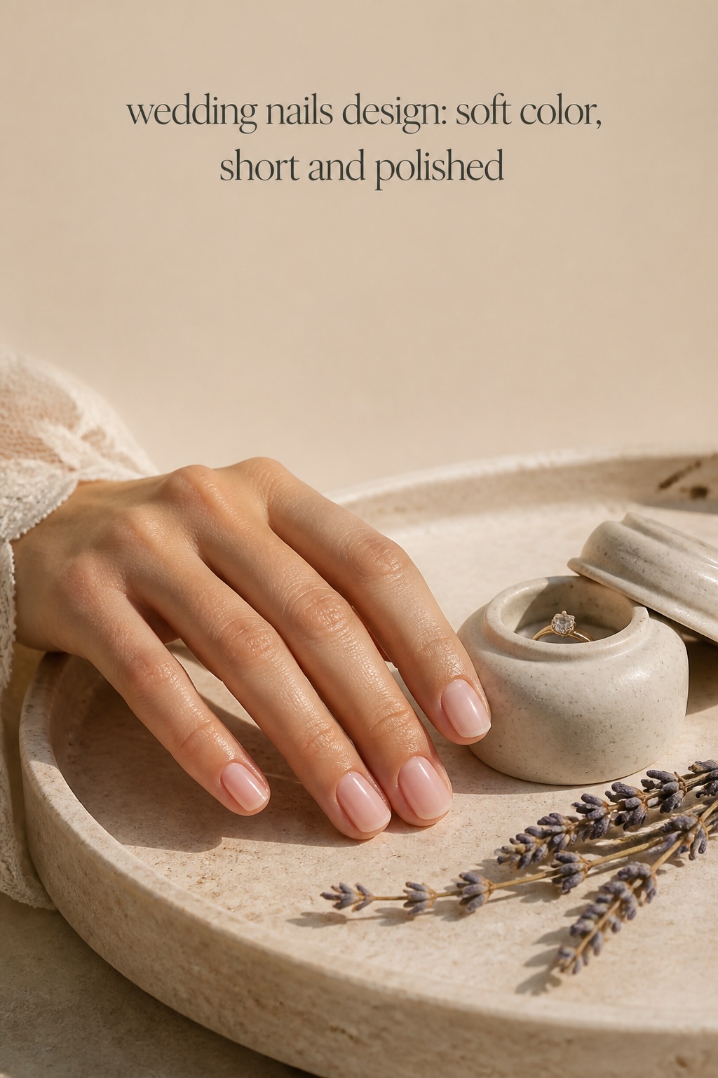 Wedding nails design with soft peach color and short polished nails