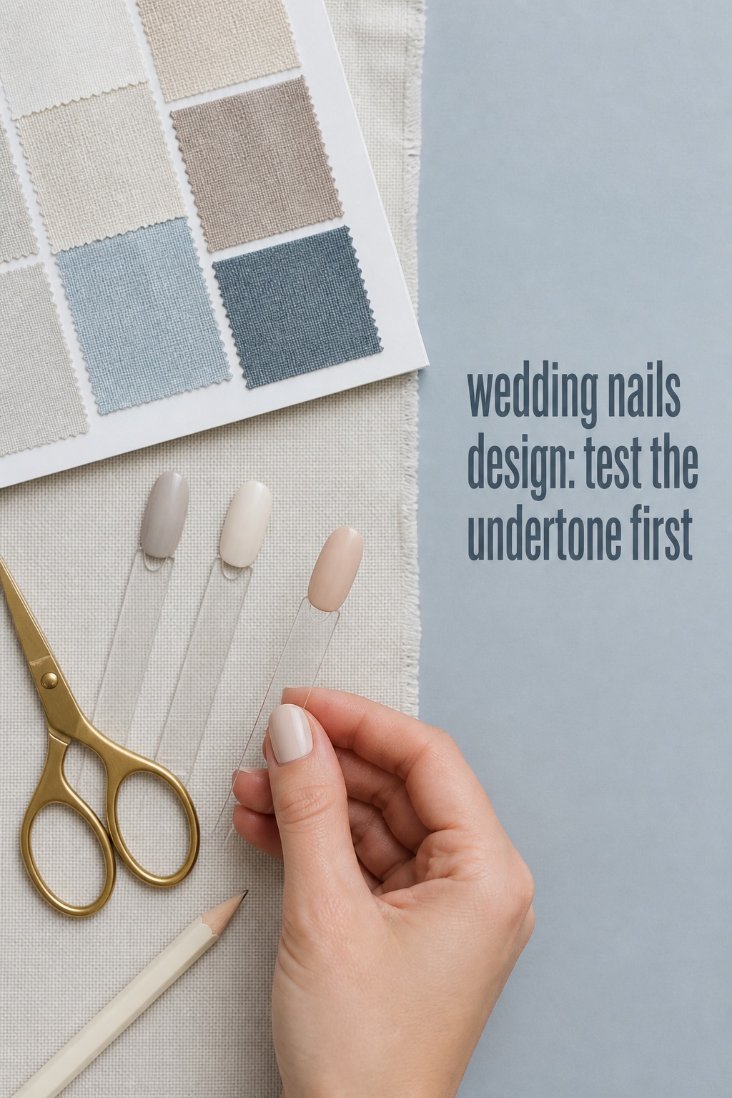 Wedding nails design swatches tested beside bridal fabric colors
