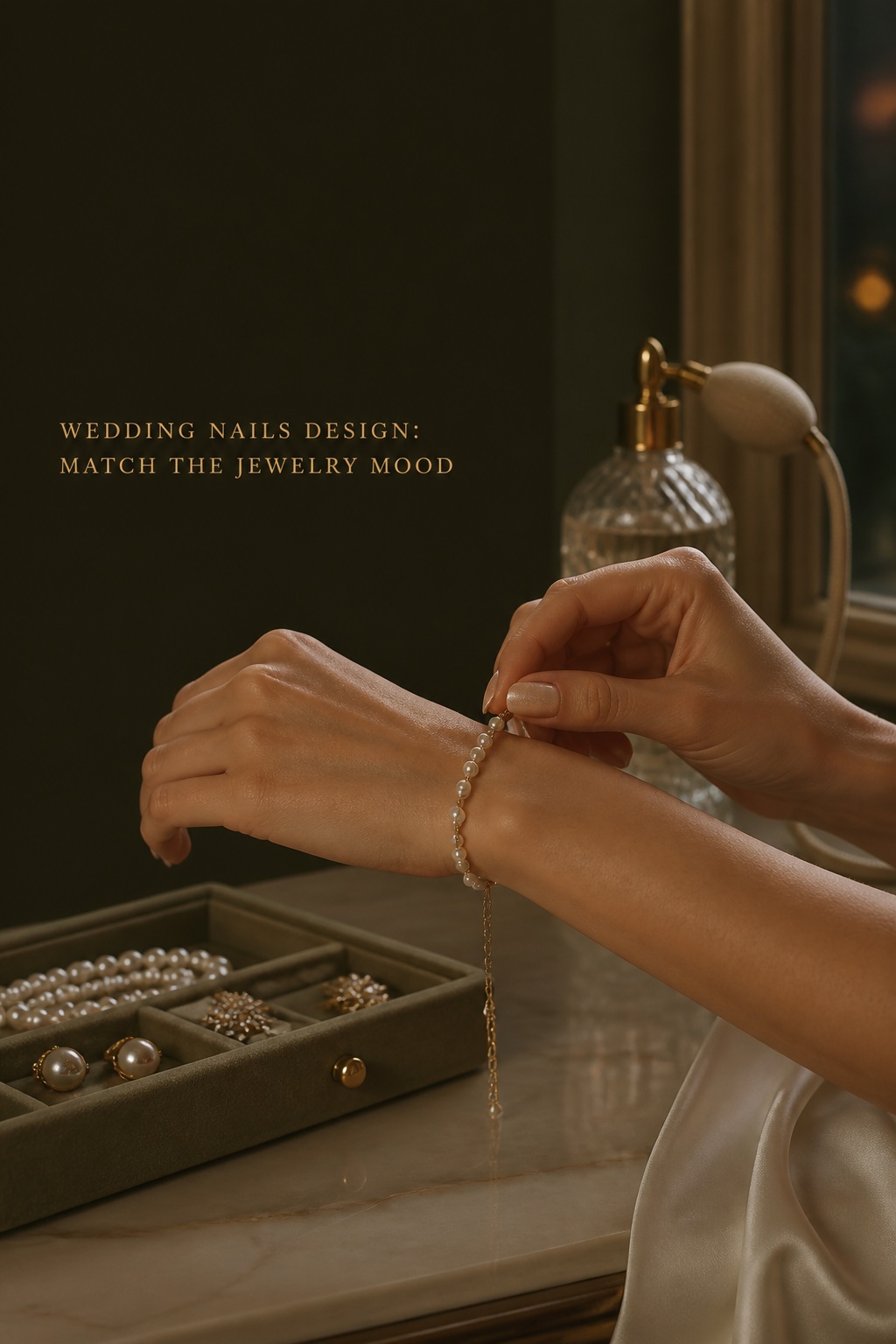 Wedding nails design with champagne polish styled beside pearl jewelry