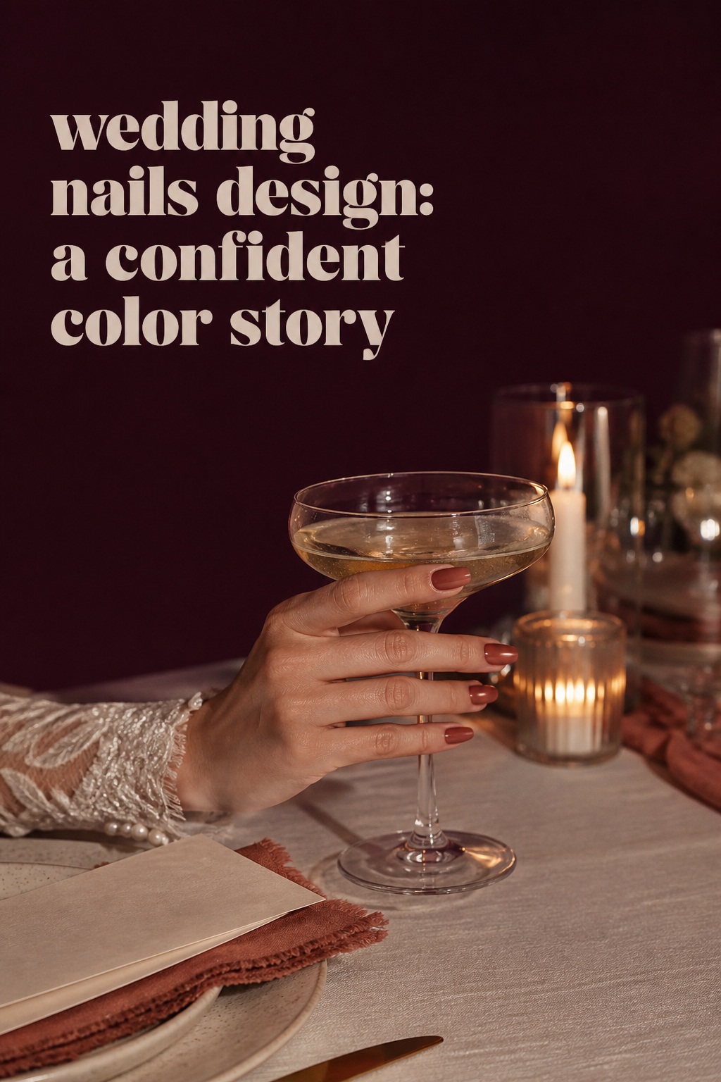 Wedding nails design with confident terracotta color at a candlelit reception