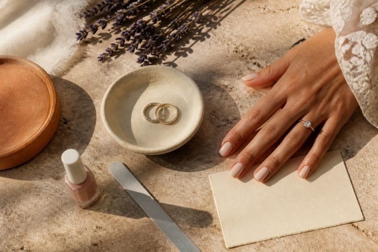 Wedding nails design manicure with ring dish, polish, file, lavender, and bridal stationery