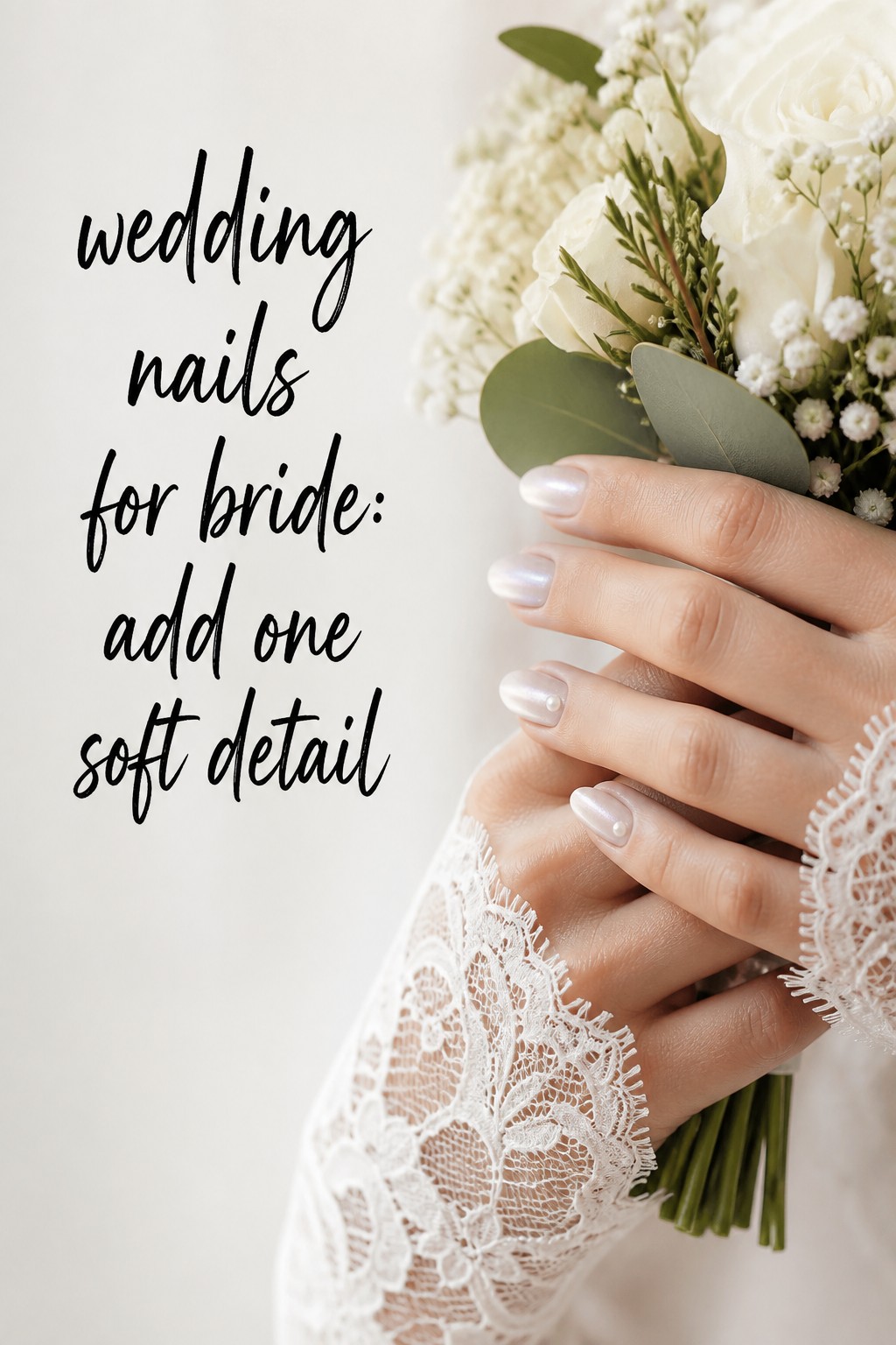 Wedding nails for bride with pearl accents and a bridal bouquet
