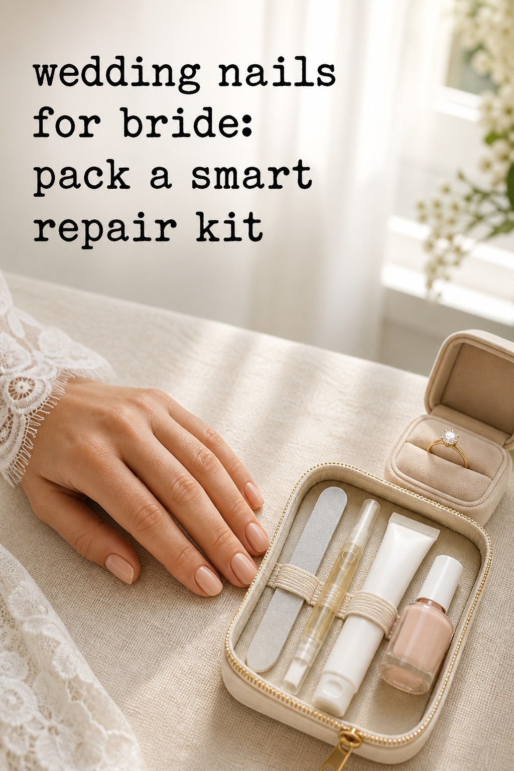 Wedding nails for bride with a practical wedding day repair kit