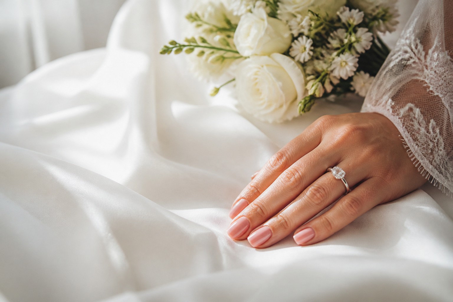 Wedding nails for bride with a polished sheer pink manicure and ring