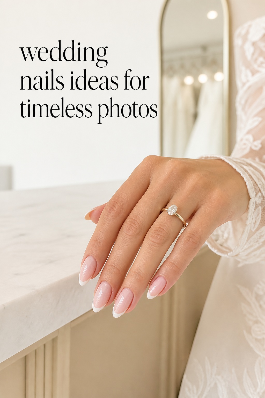 wedding nails ideas for a bride's timeless blush micro-French manicure and engagement ring
