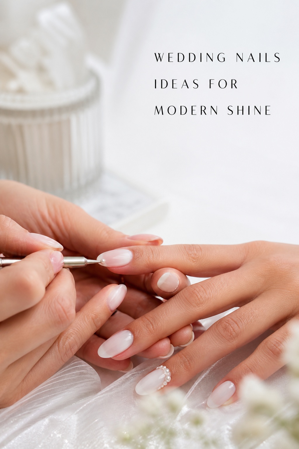 wedding nails ideas for modern shine with pearl accent and milky white almond manicure