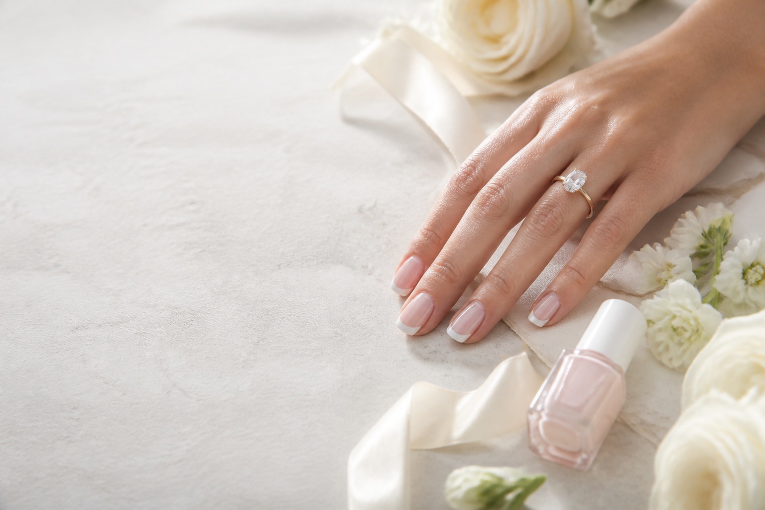 wedding nails ideas featured image with blush French manicure, ring, ribbon, flowers, and invitation