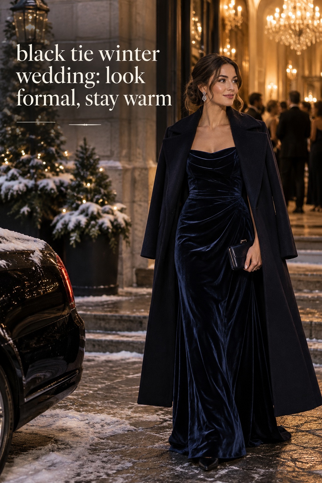 black tie winter wedding guest in midnight velvet gown and long coat arriving at a ballroom