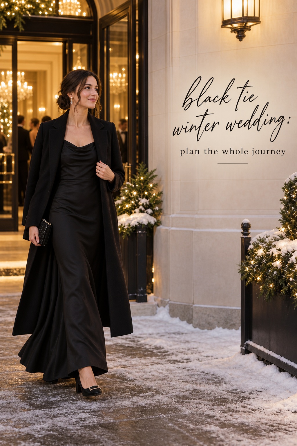 black tie winter wedding guest comparing deep green velvet and lined crepe gowns in a dressing room