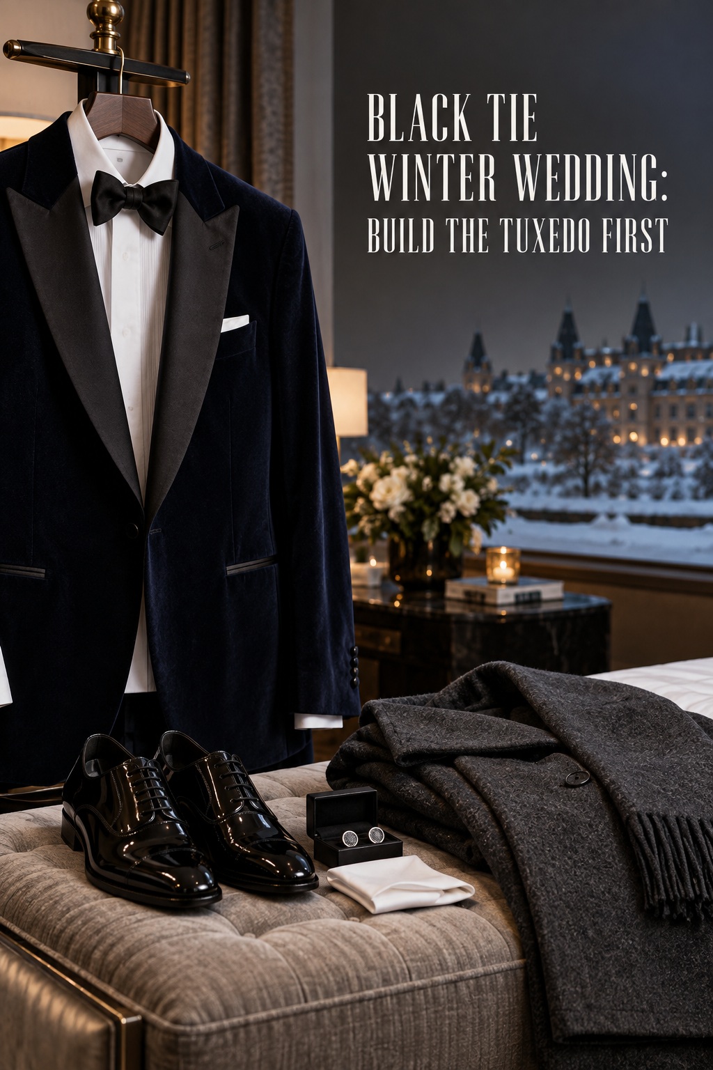 black tie winter wedding guest in sleek black gown and long coat walking through snowy city streets