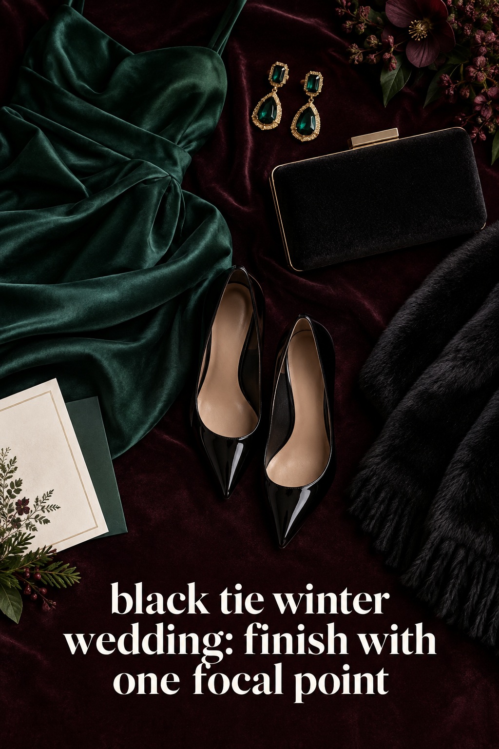 black tie winter wedding accessories with emerald velvet dress clutch earrings and polished pumps