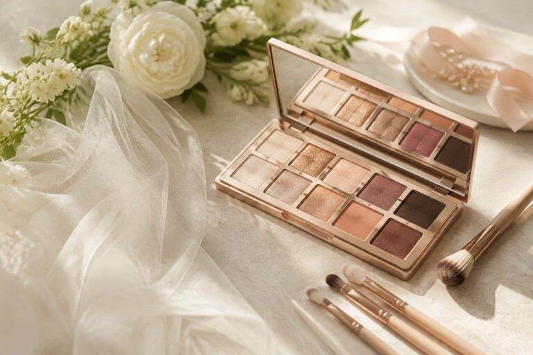 Warm neutral eyeshadow palette and brushes for bridal makeup for blue eyes