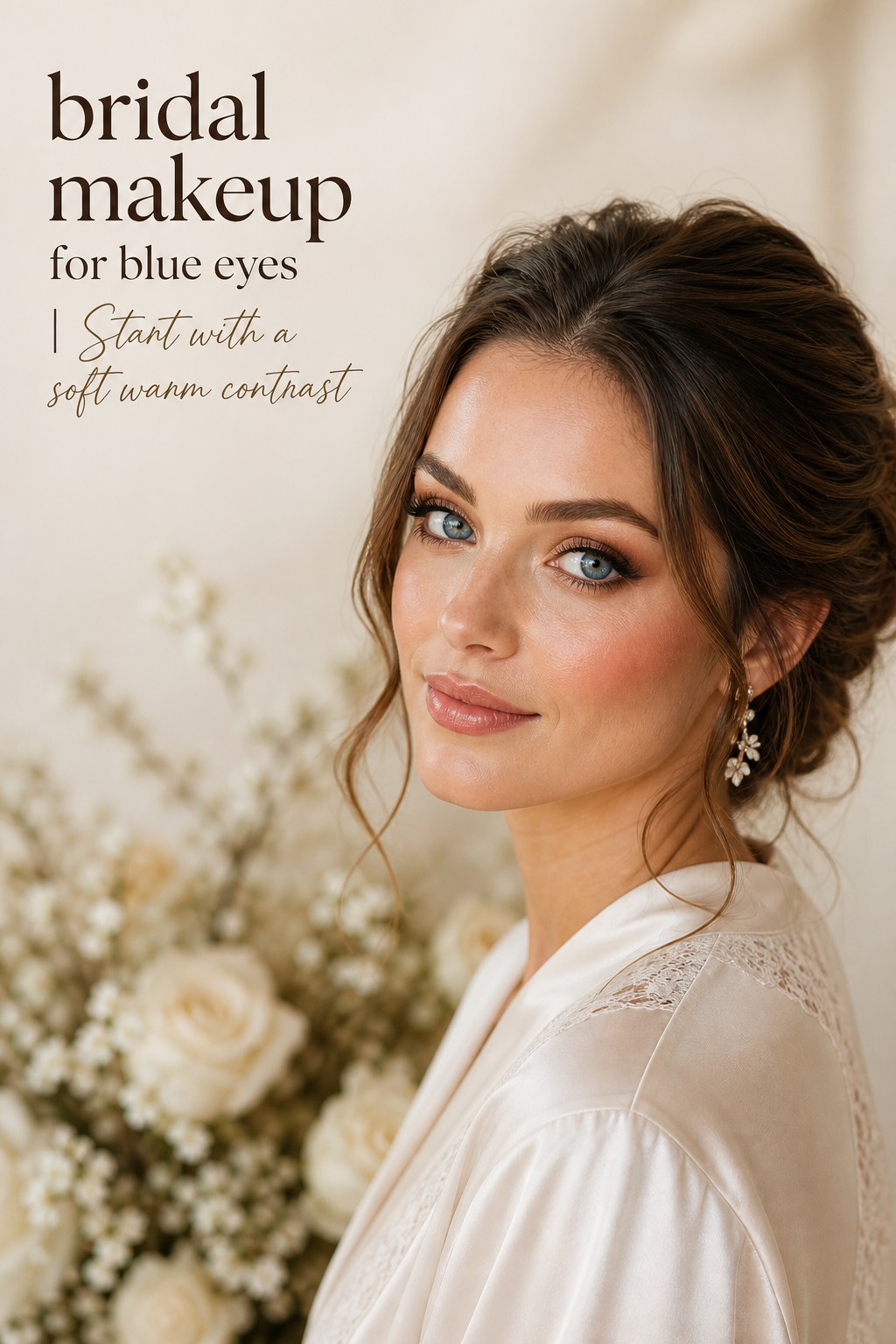 Bridal makeup for blue eyes with warm champagne and bronze tones on a bride