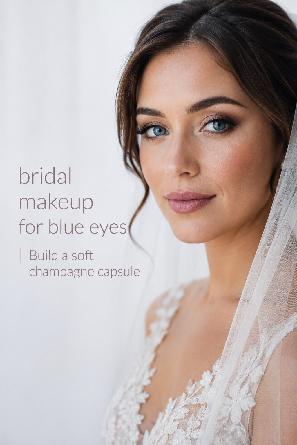 Bridal makeup for blue eyes with champagne shimmer and soft taupe definition