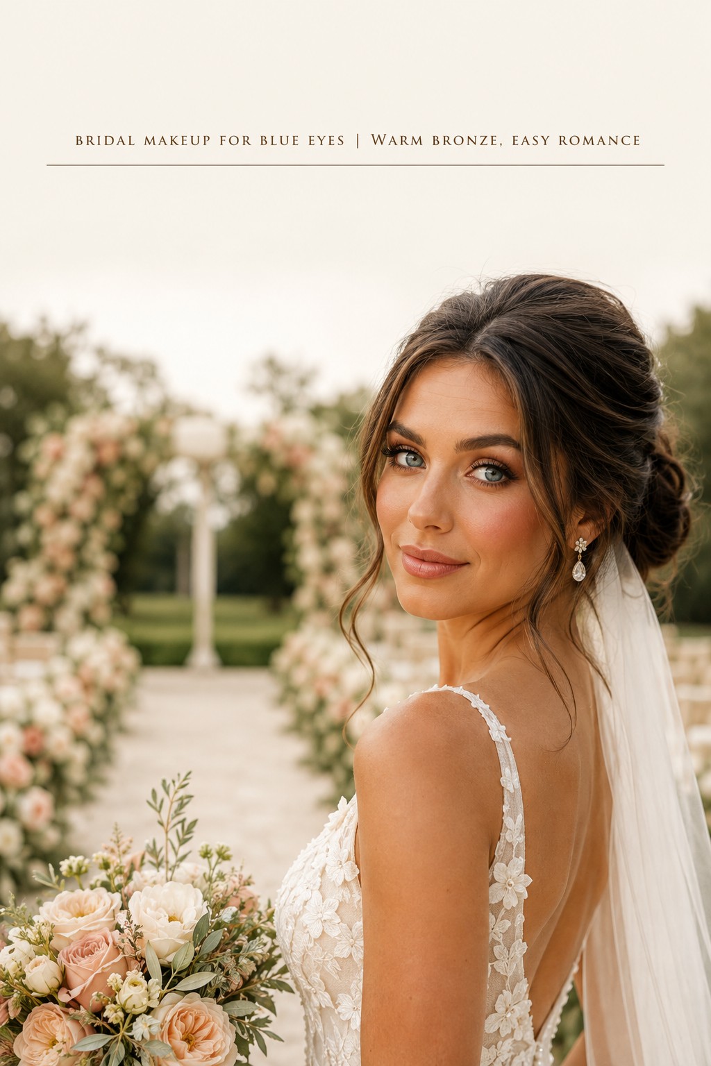 Bridal makeup for blue eyes with warm bronze and copper evening definition