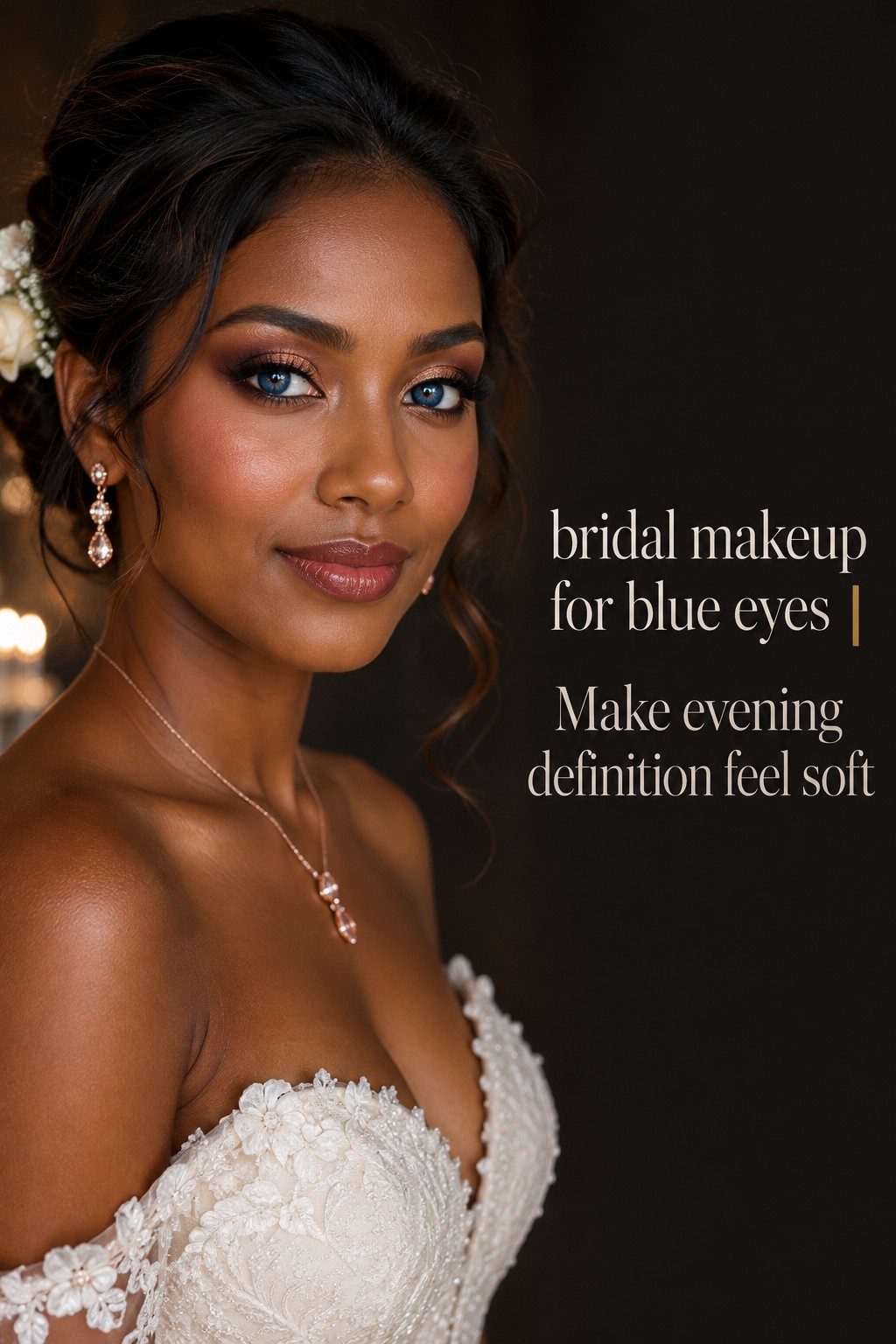 Bridal makeup for blue eyes with cool mauve and purple-gray winter tones