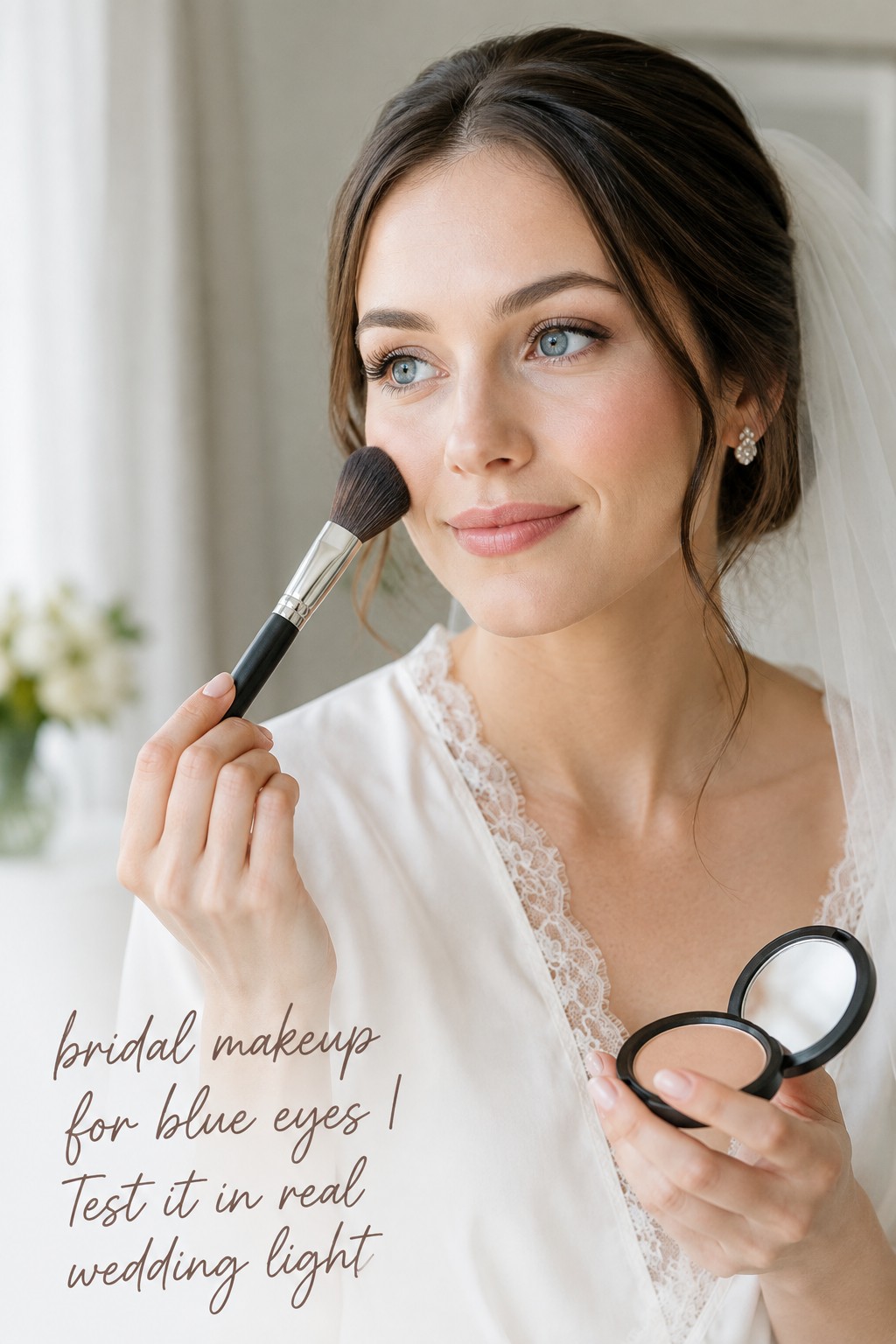 Bridal makeup for blue eyes tested in natural wedding light during makeup trial