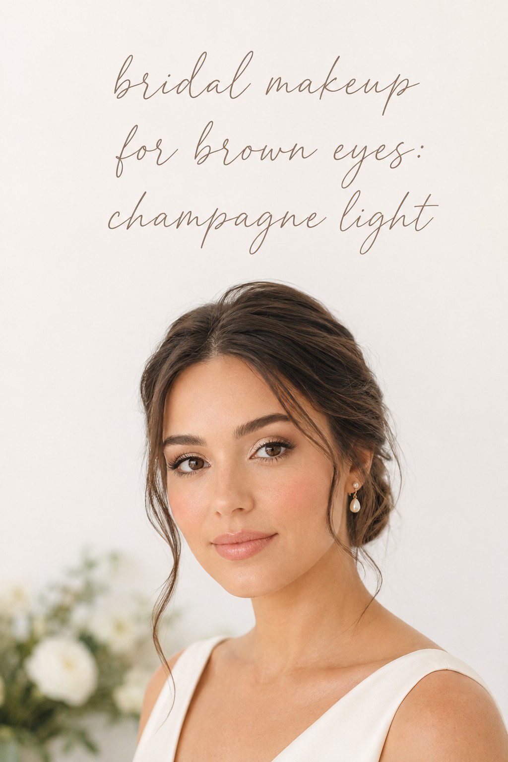 Bridal makeup for brown eyes with champagne light and pearl earrings