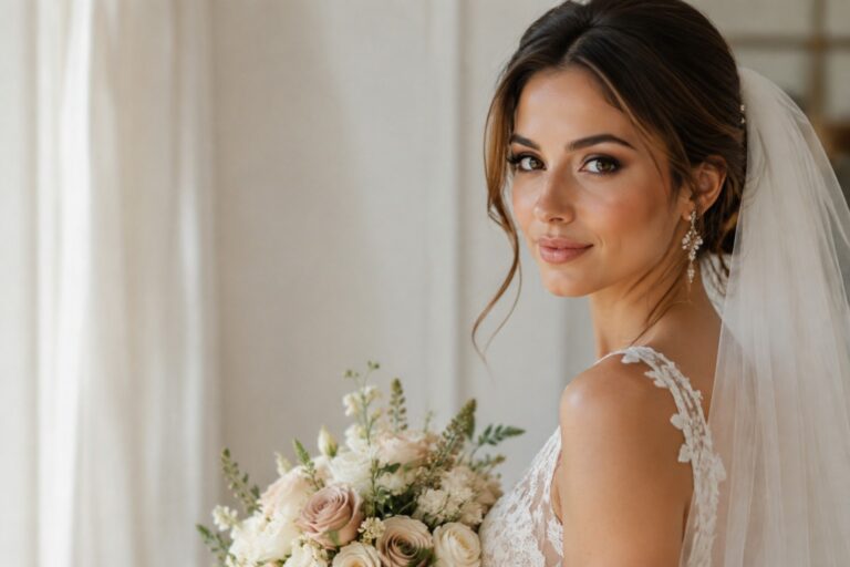 Featured bridal makeup for brown eyes with luminous bronze and champagne tones