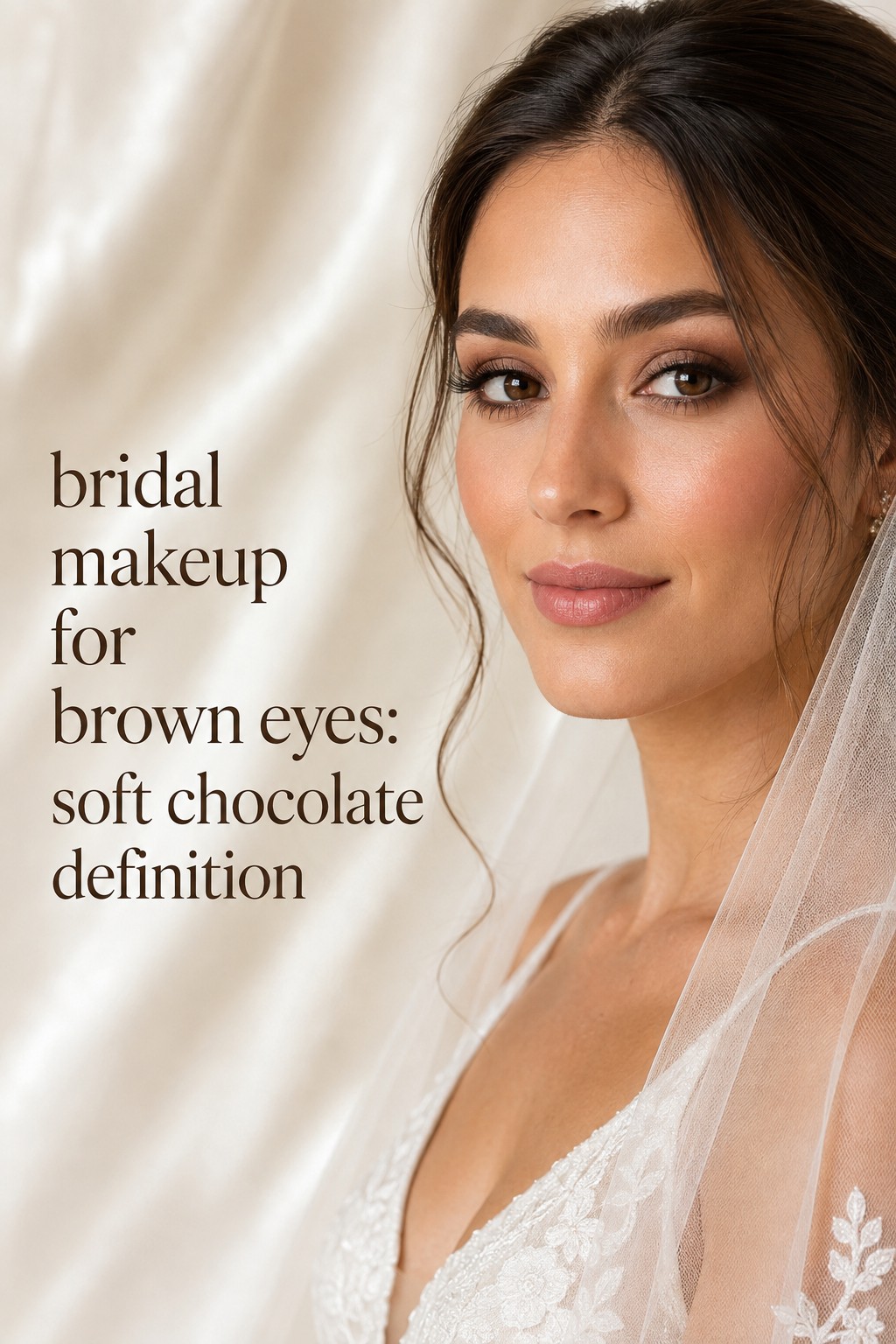 Bridal makeup for brown eyes with subtle olive detail and a green bouquet