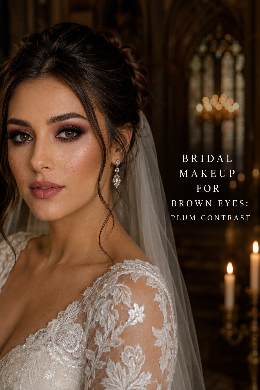 Bridal makeup for brown eyes with plum contrast in candlelit ceremony light