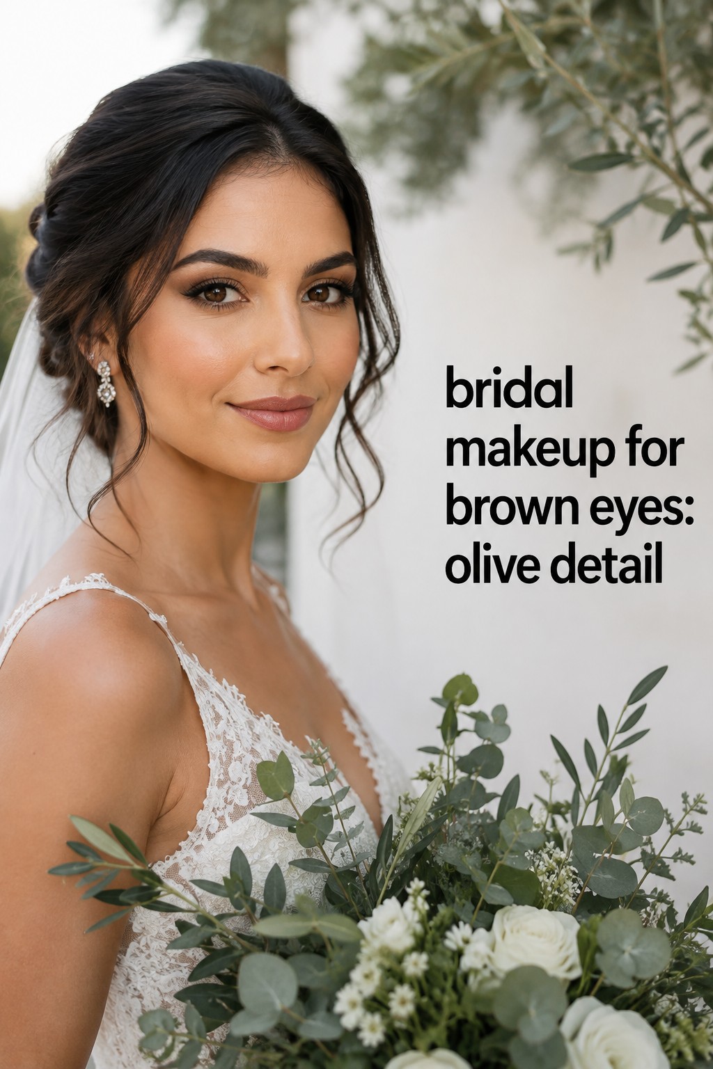 Bridal makeup for brown eyes with soft chocolate definition and a veiled bride