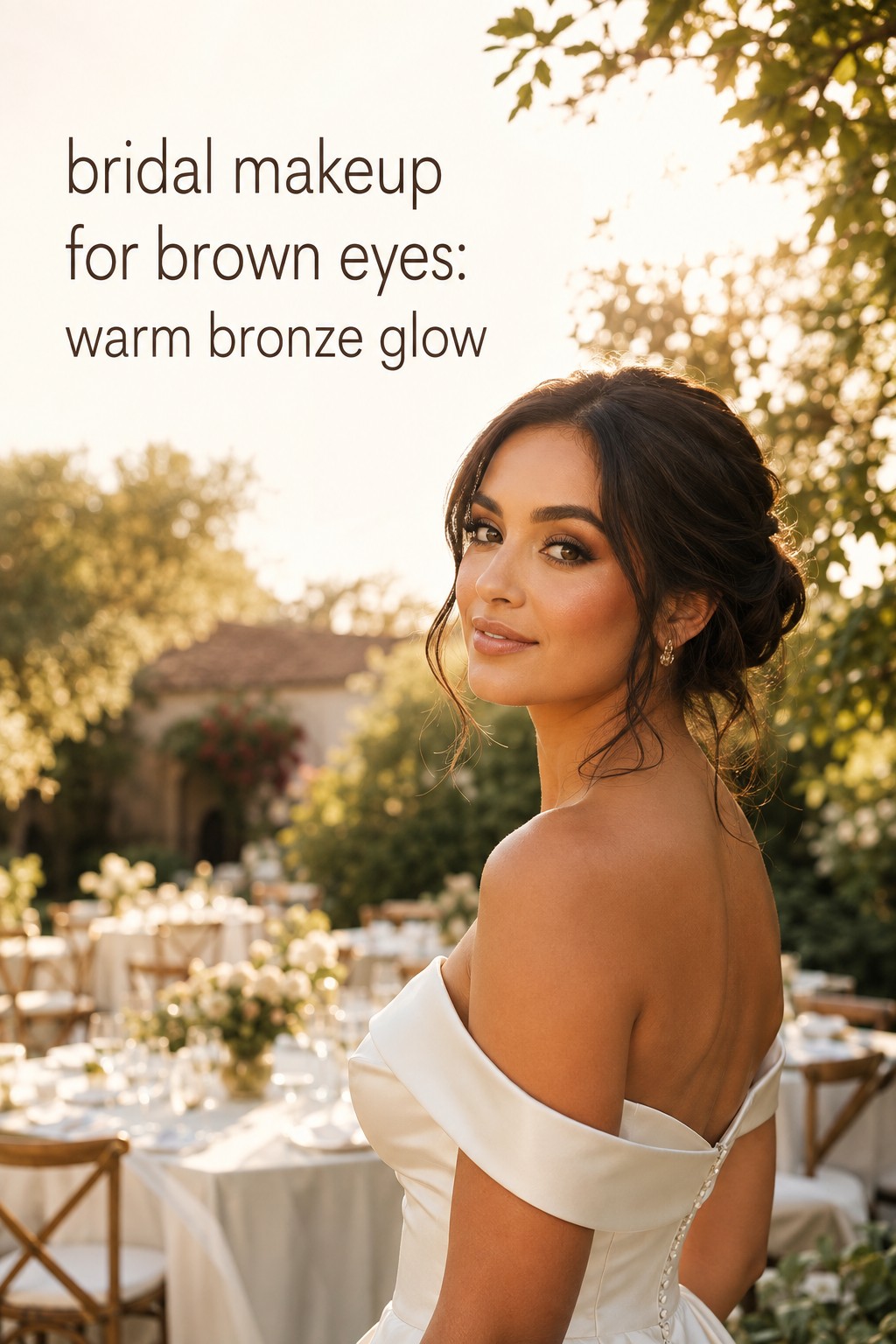 Bridal makeup for brown eyes with warm bronze glow at a garden wedding