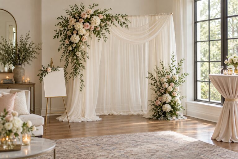 Wide ivory and floral bridal shower backdrop in a bright home venue