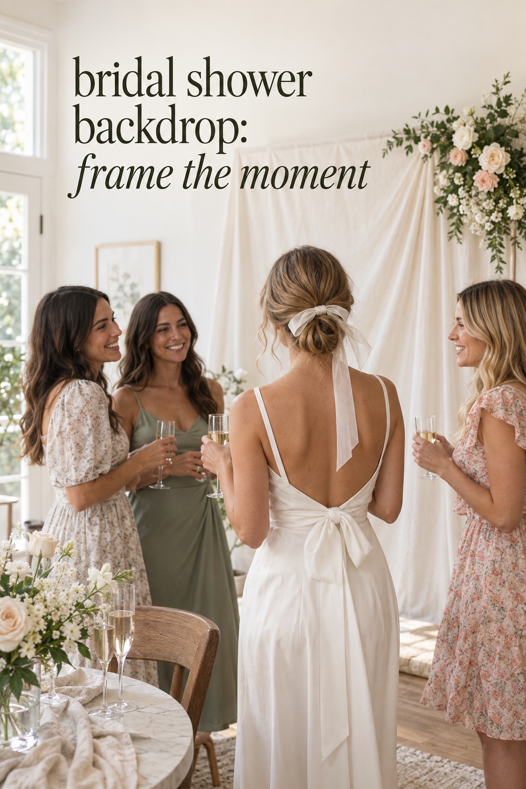 Bride and friends at an ivory bridal shower backdrop with flowers