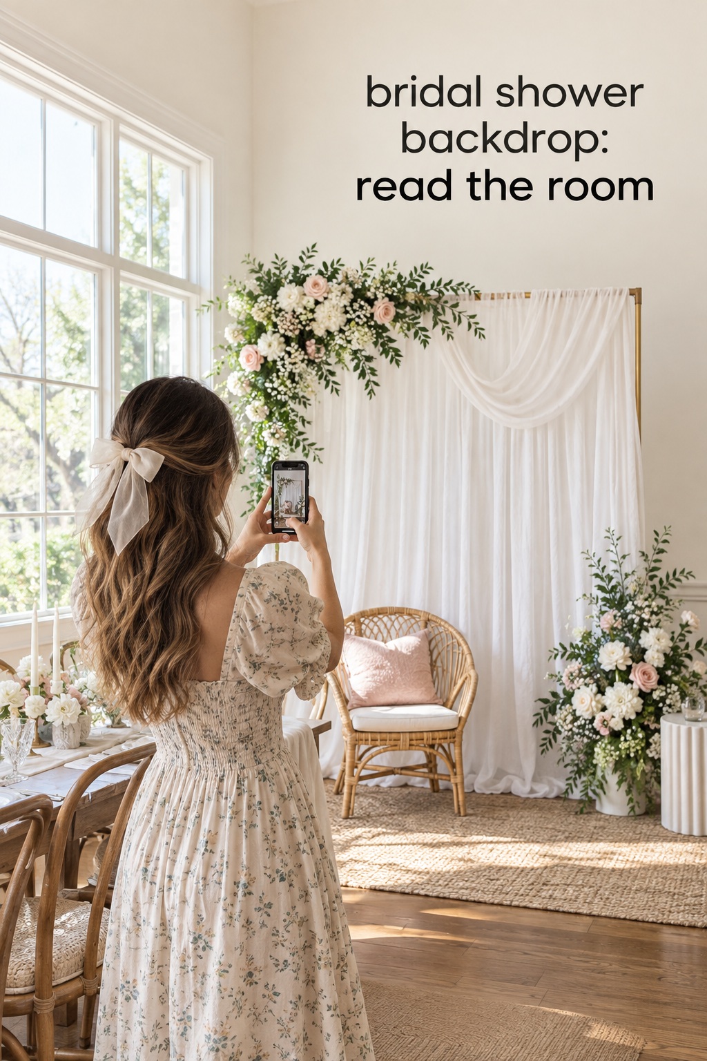 Host photographing an ivory draped bridal shower backdrop in a bright room