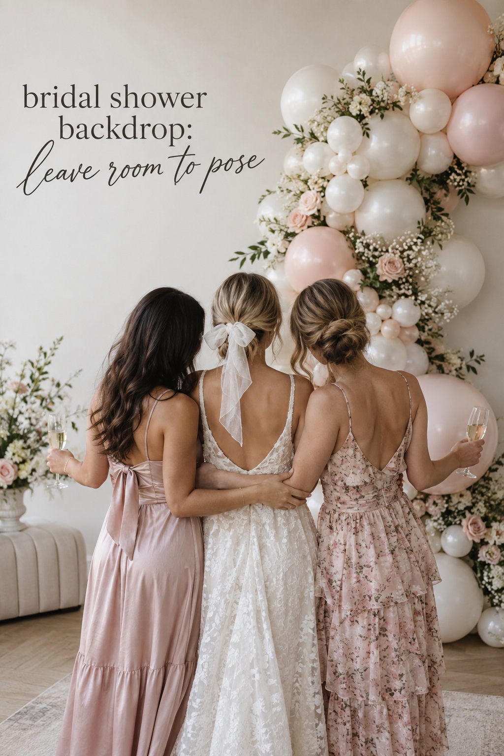 Bride and friends posing in front of a blush balloon bridal shower backdrop