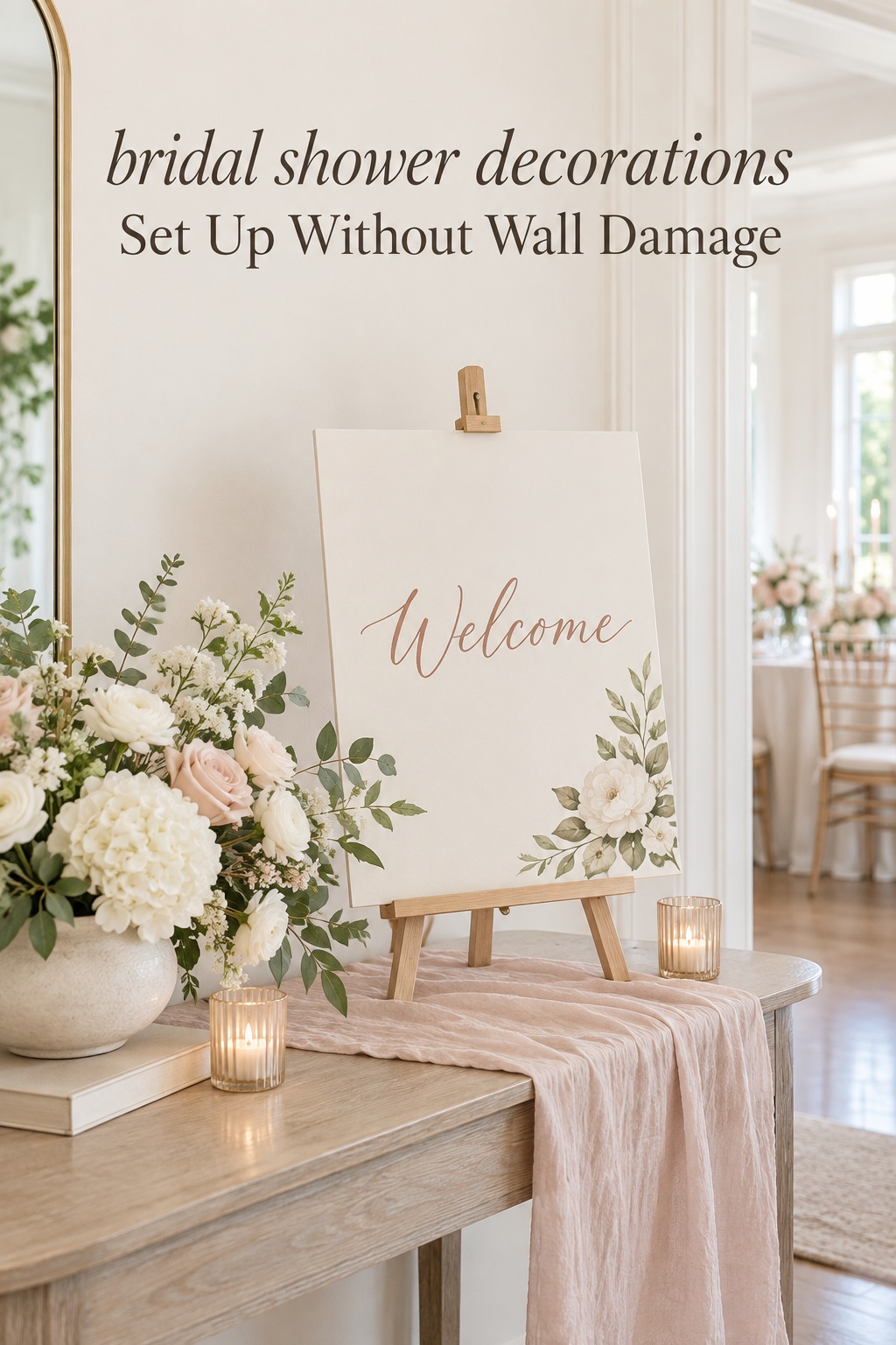 bridal shower decorations with an ivory welcome sign on a tabletop easel in a bright event room