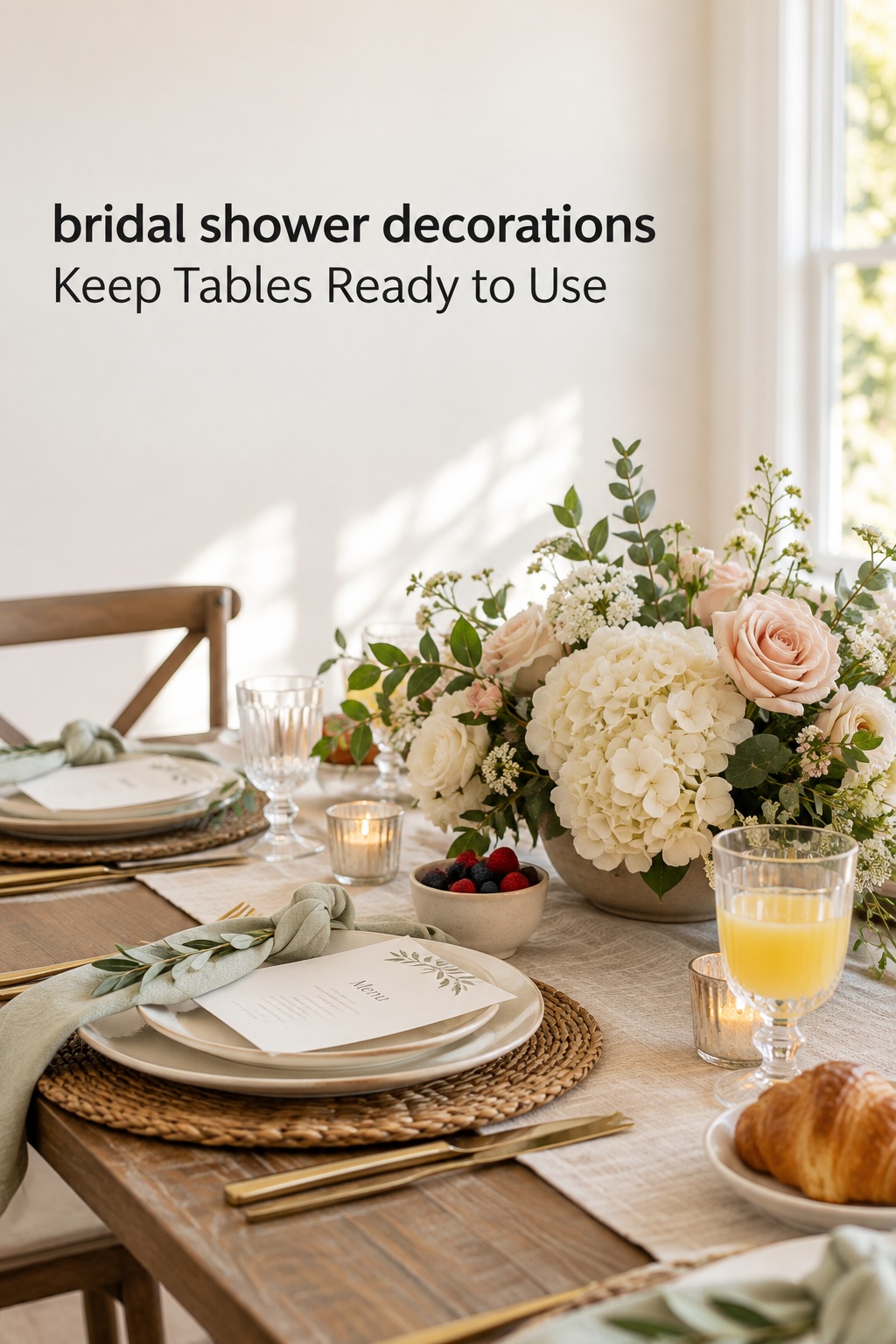 bridal shower decorations on a brunch table with a low centerpiece and open place settings