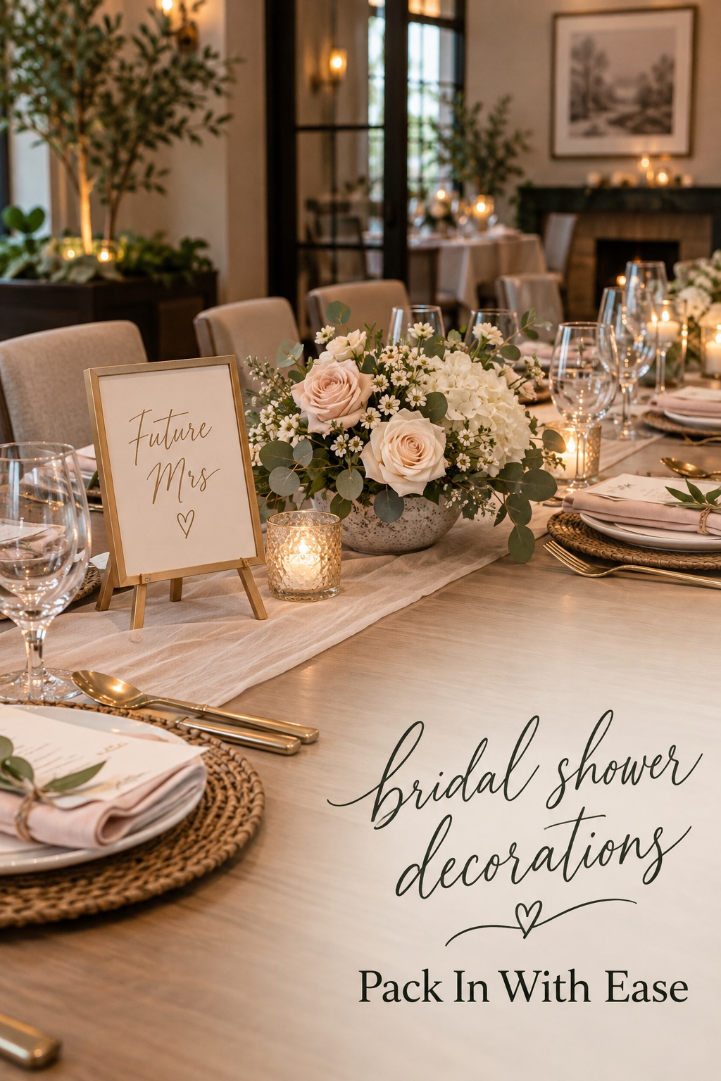 bridal shower decorations on a restaurant table with a compact centerpiece and menu