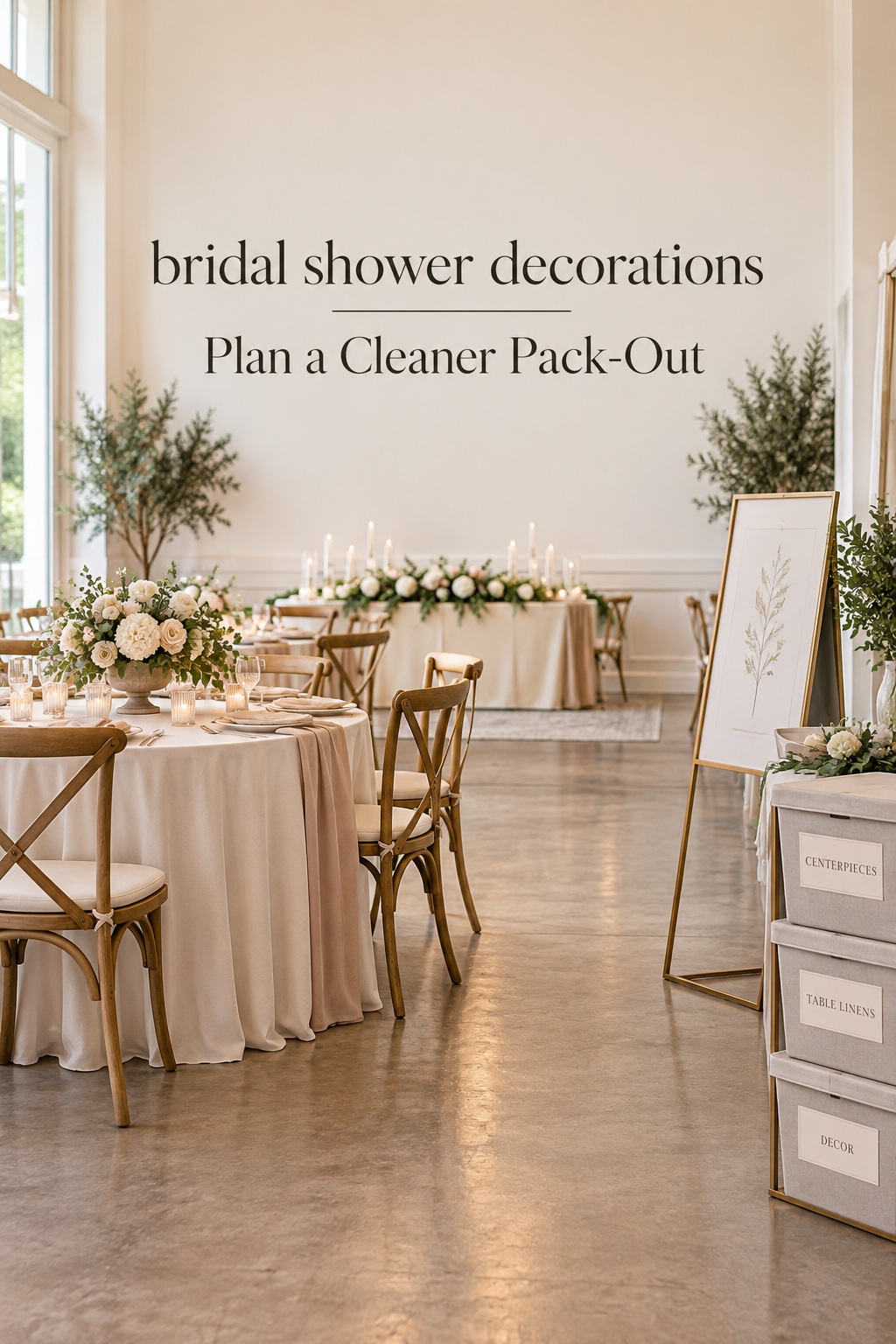 bridal shower decorations in a prepared event room with labeled storage bins and a clear walkway