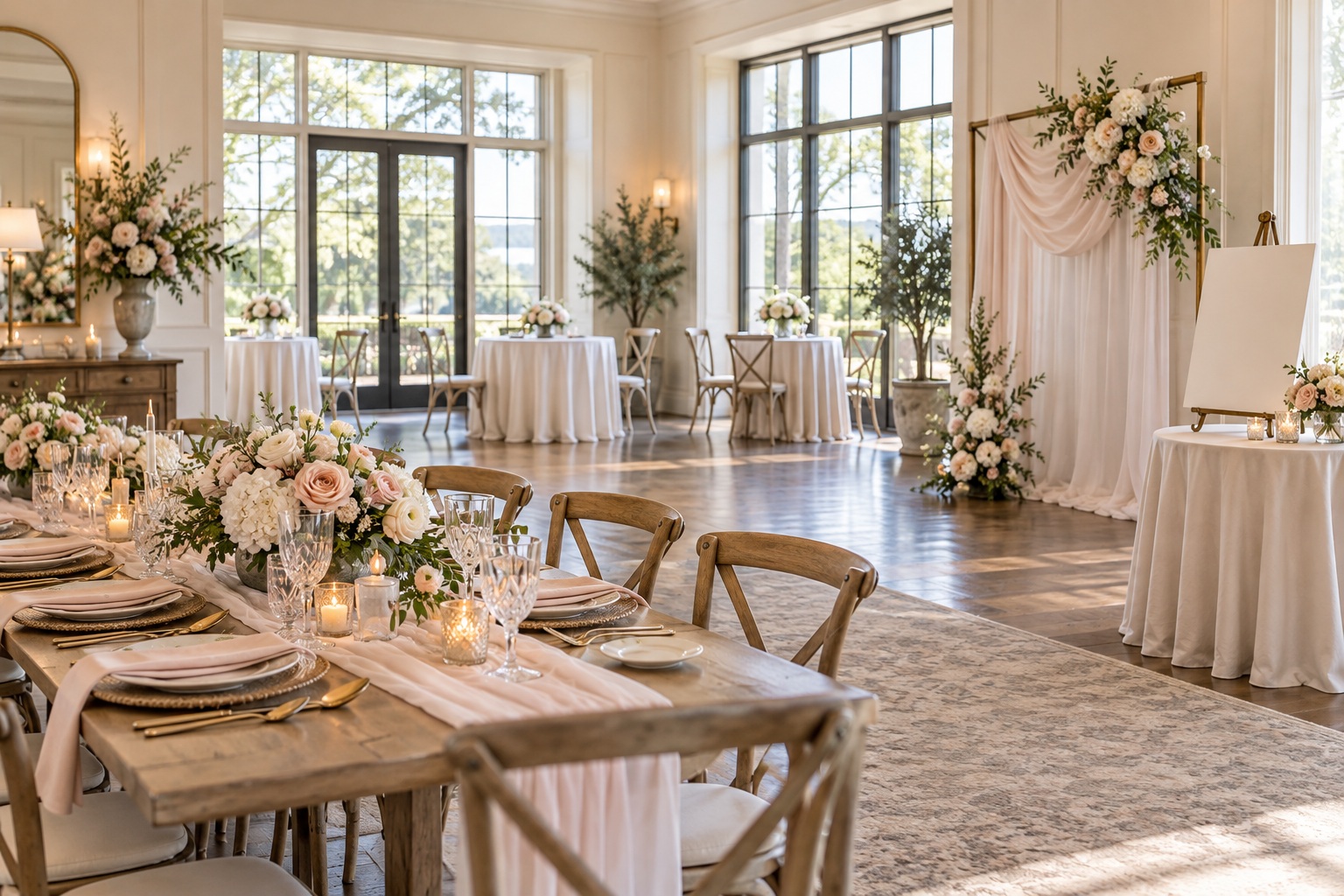 bridal shower decorations in a bright event room with a welcome sign, flowers, and open paths