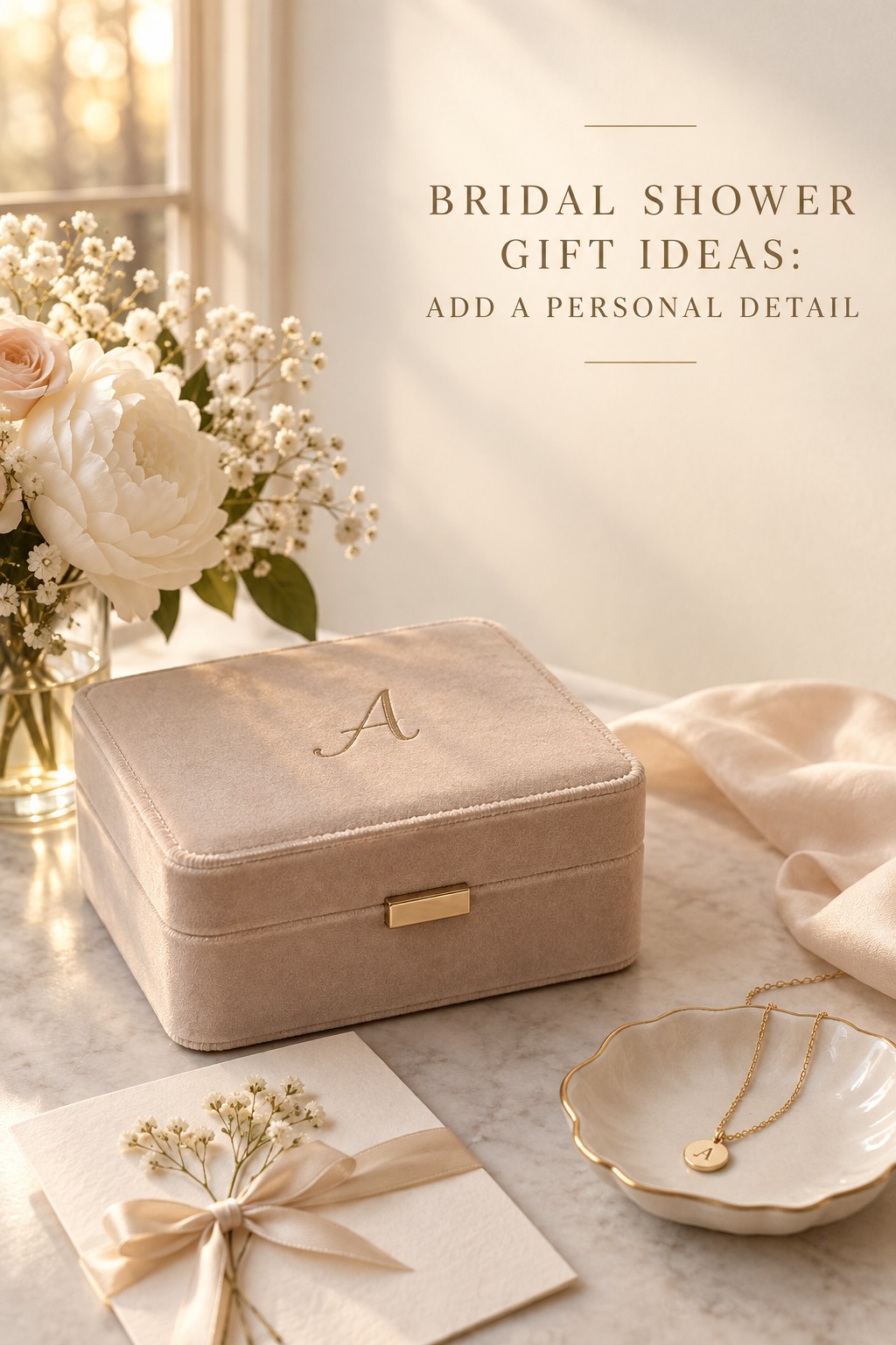 Bridal shower gift ideas featuring a personalized jewelry box