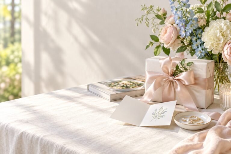 Bridal shower gift ideas arranged on a bright wedding table