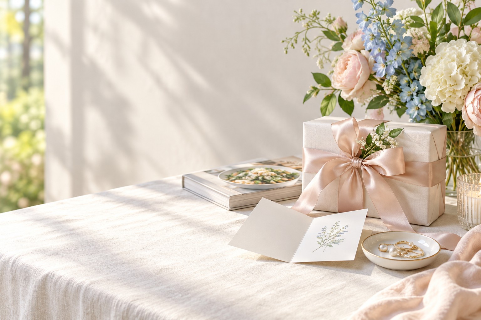 Bridal shower gift ideas arranged on a bright wedding table