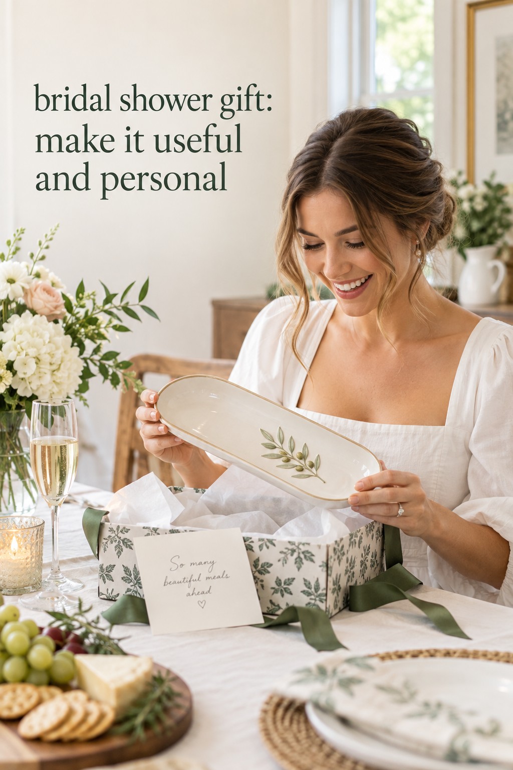 Bridal shower gift opened beside a useful serving piece and handwritten card
