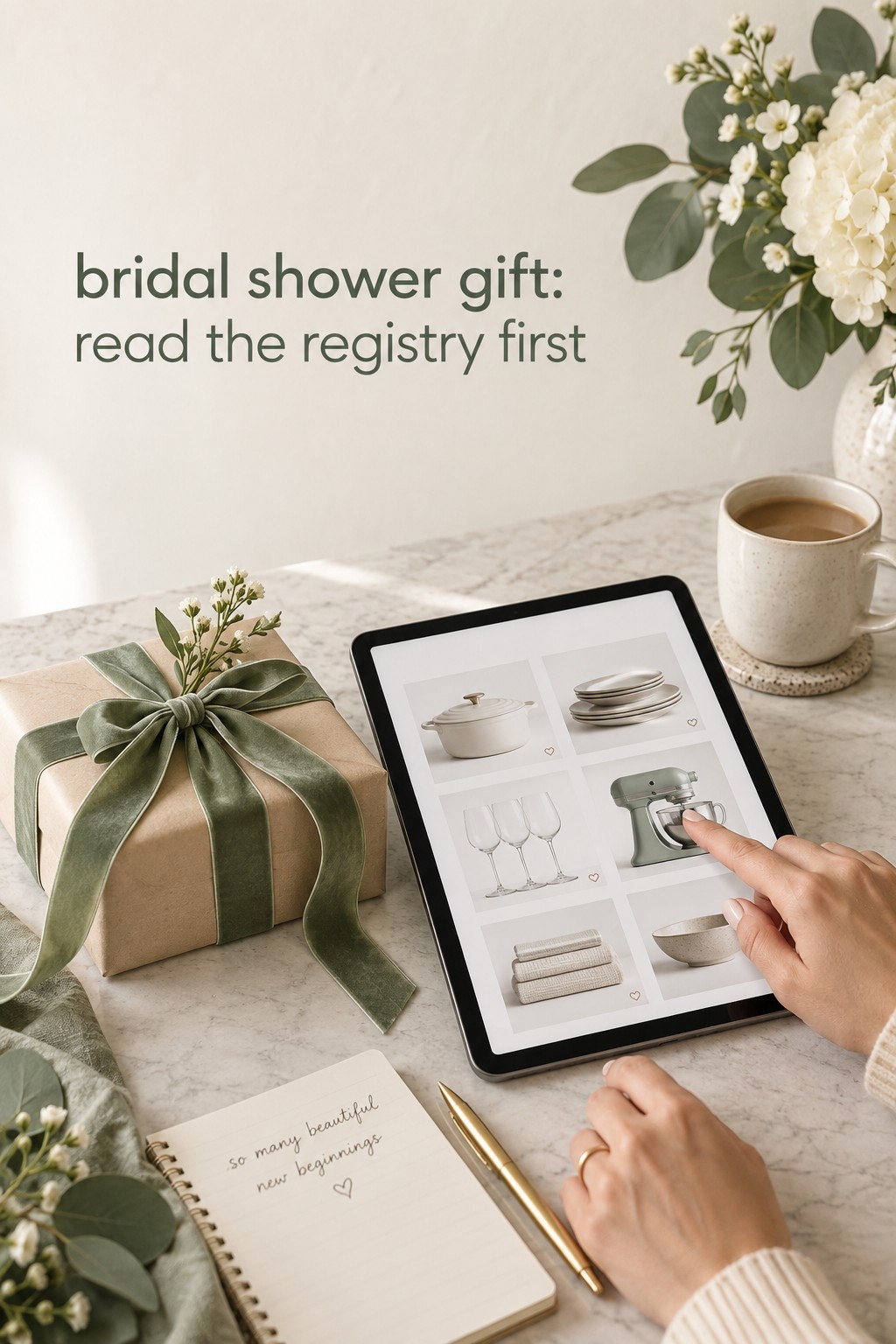 Bridal shower gift chosen beside a wedding registry tablet and wrapped present