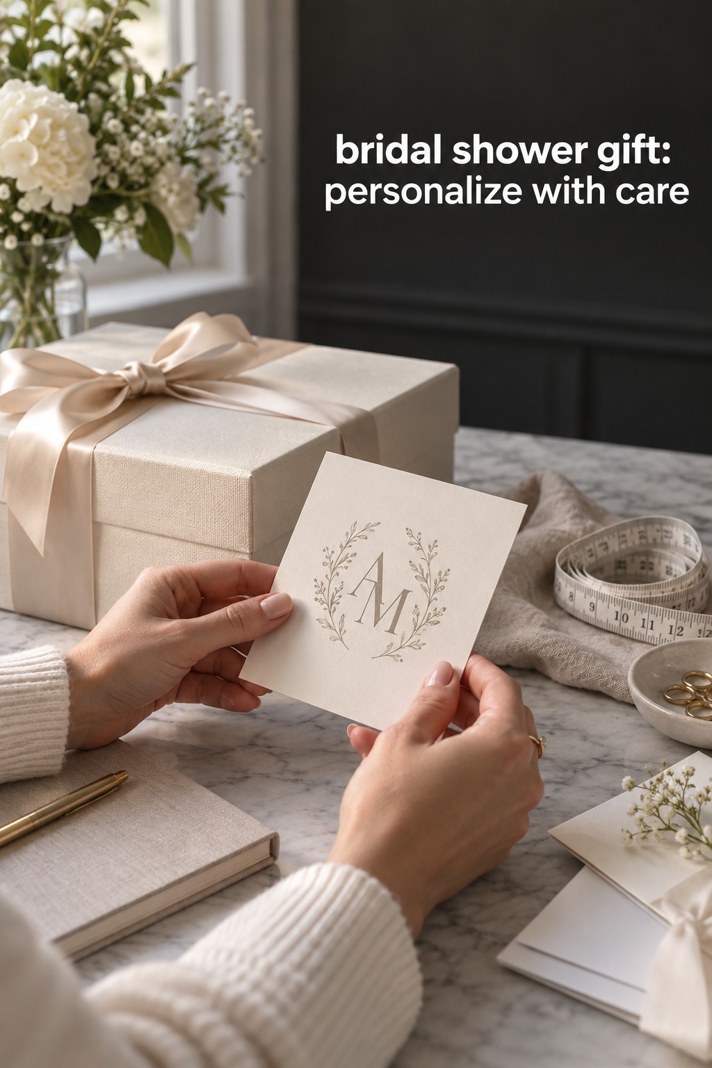 Bridal shower gift personalization proof checked with monogram card and keepsake box