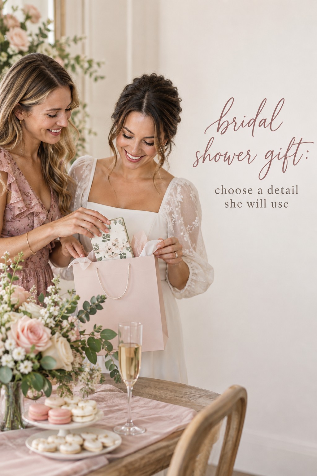Bridal shower gift exchanged by bride and friend at a soft pink celebration